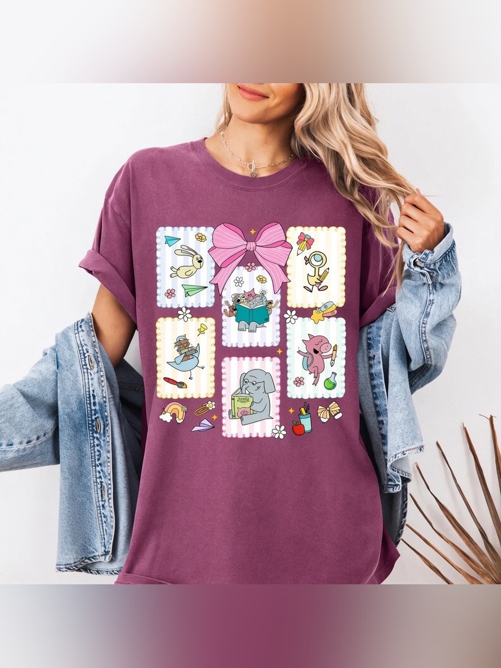 Coquette Bow Teacher Elephant And Piggie Comfort Color Tee, Mo Willems Teacher